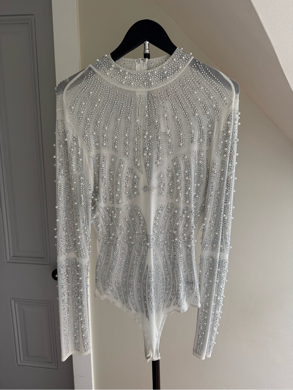 Fringe + Co Studio White Crystal-Embellished Long-Sleeve Bodysuit
